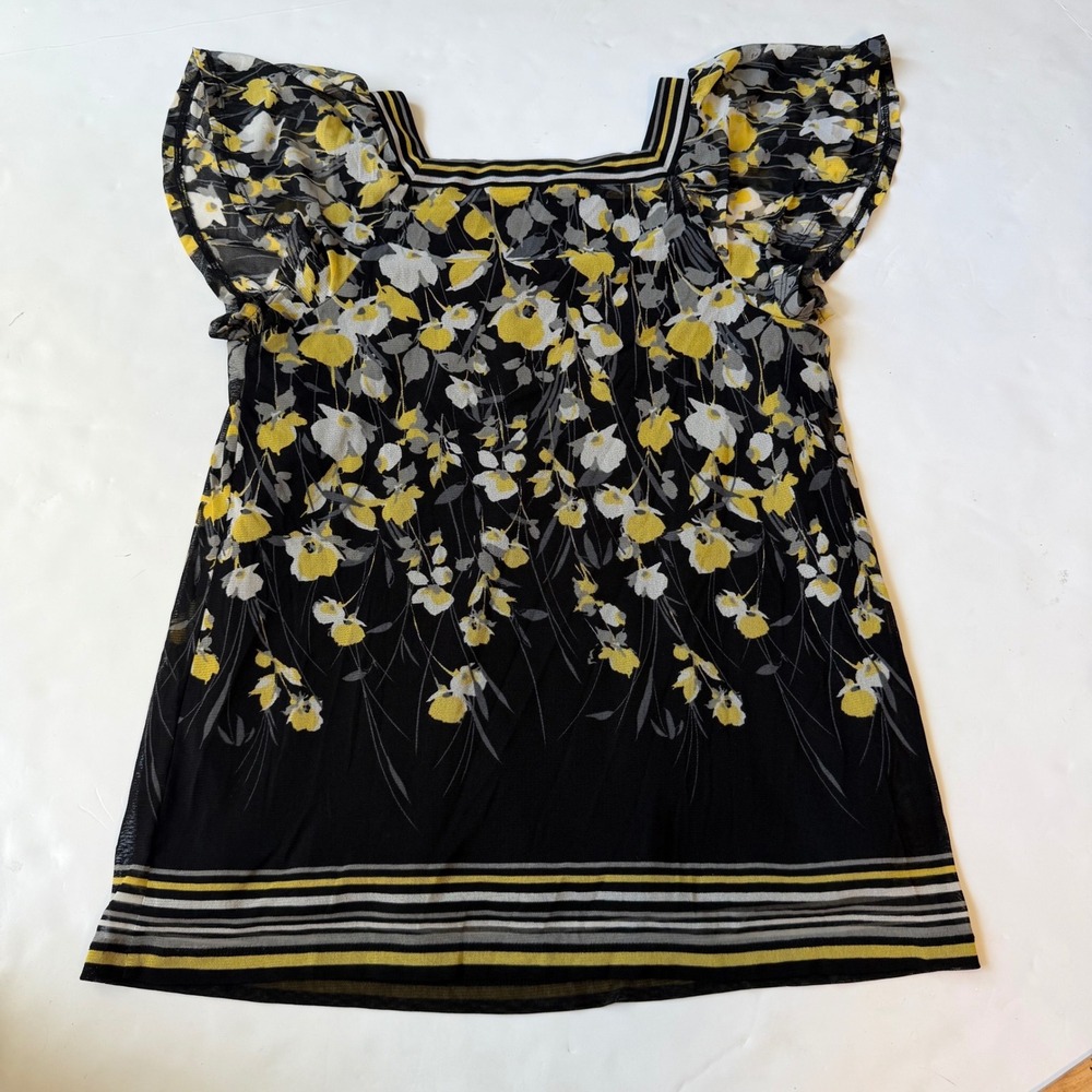 Apt 9 Floral Mesh Babydoll Top Black Yellow Y2K Whimsigoth Ruffle Cap Sleeve S - Picture 2 of 6